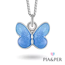 Pia og Per sommerfugl halskjede i sølv blå emalje