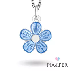 Pia og Per blomst halskjede i sølv blå emalje hvit emalje