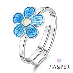 Pia og Per blomst ring i sølv blå emalje hvit emalje