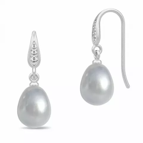 Enkle Julie Sandlau perle øredobber i satengrhodinert sterlingsølv hvite zirkoner