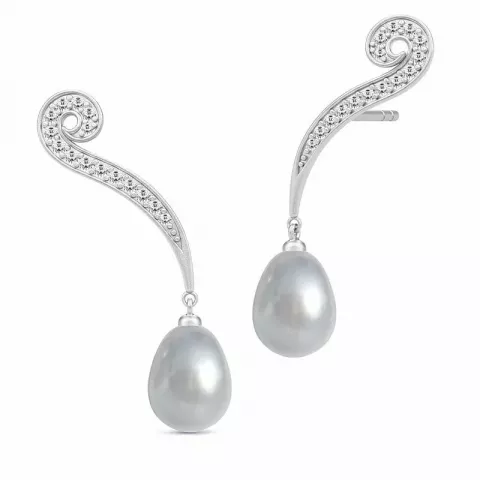 Julie Sandlau grå perle øredobber i satengrhodinert sterlingsølv hvit zirkon