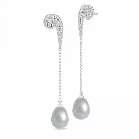 Lange Julie Sandlau grå perle øredobber i satengrhodinert sterlingsølv hvit zirkon
