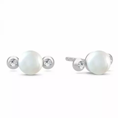 Liten Julie Sandlau hvite perle øredobber i satengrhodinert sterlingsølv hvite zirkoner