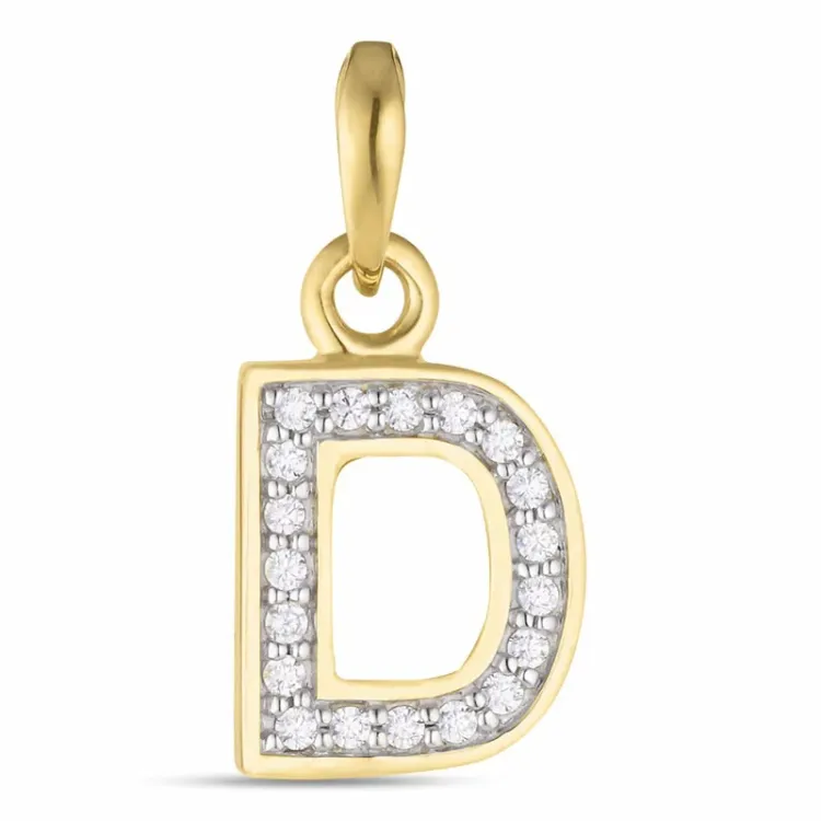 bokstav d zirkon anheng i 9 karat gull