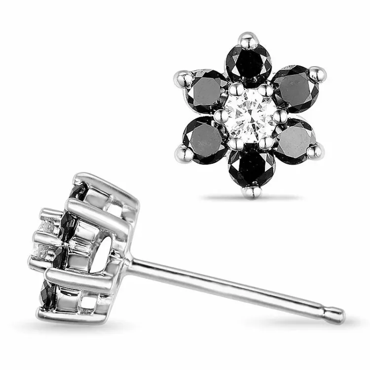 blomst svart diamant ørestikker i 14 karat hvitt gull med diamant og svart diamant 