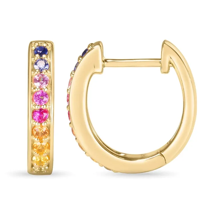 14 mm regnbuefarget safir creol i 14 karat gull med safir