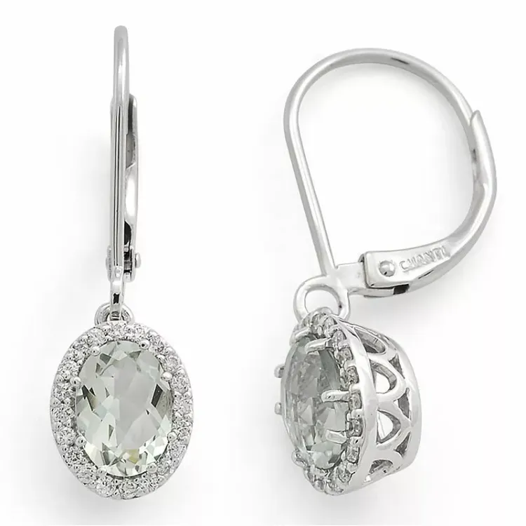 ovale grønn ametyst diamantøredobb i 14 karat hvitt gull med diamant og ametyst