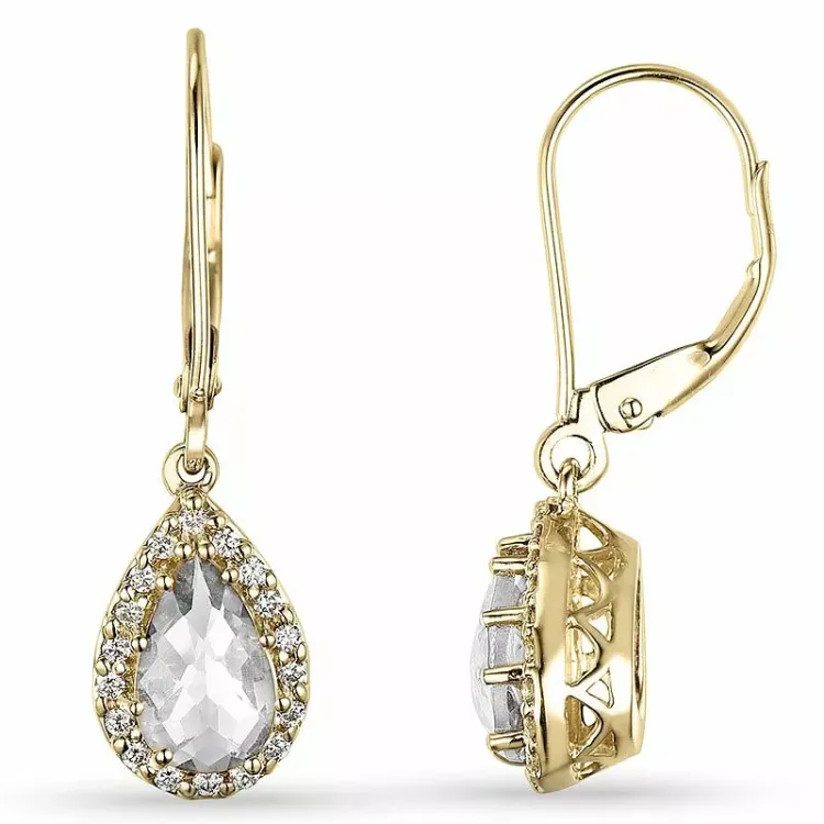 dråpe hvite kvarts diamantøredobb i 14 karat gull med diamant og kvarts