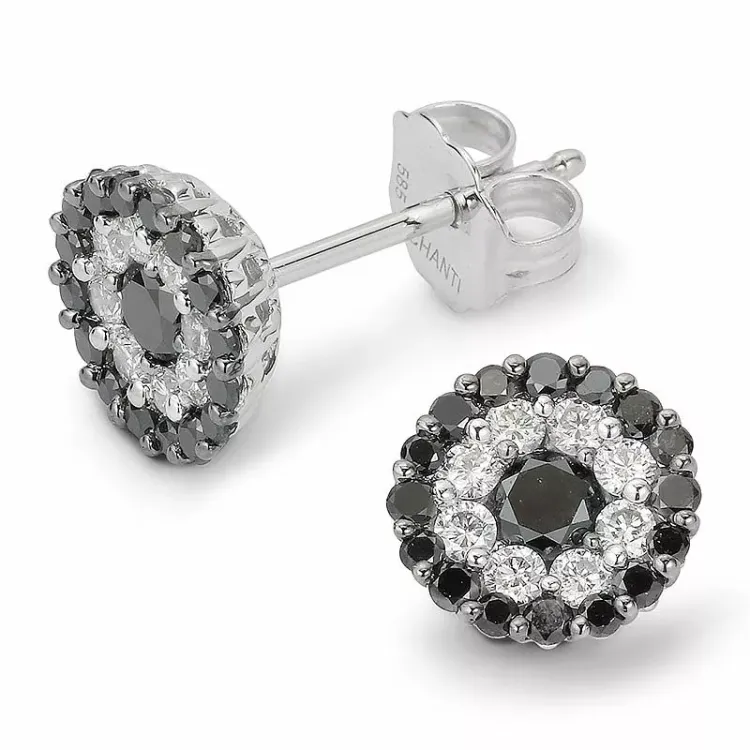 runde svart diamant ørestikker i 14 karat hvitt gull med diamant og diamant 