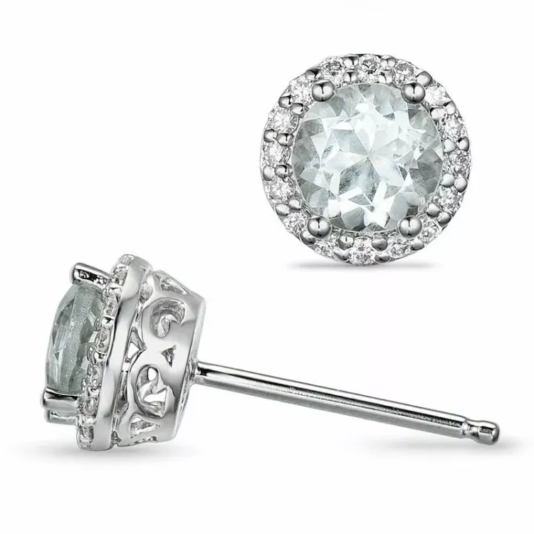 runde grønn ametyst diamantøredobb i 14 karat hvitt gull med diamant og ametyst