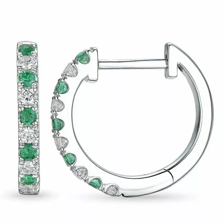 14 mm smaragd hvitt gull creol i 14 karat hvitt gull med smaragd og diamant