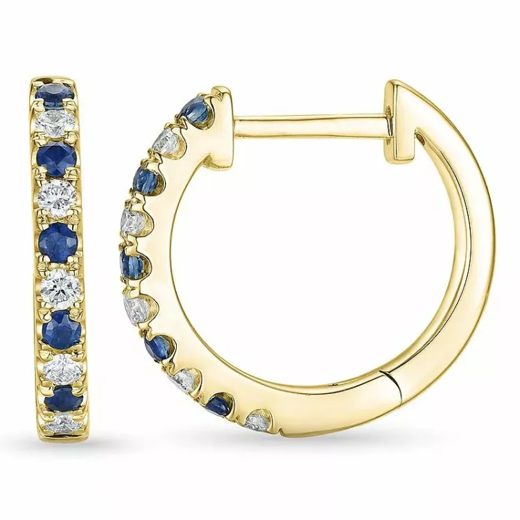 14 mm safir creol i 14 karat gull med safir og diamant
