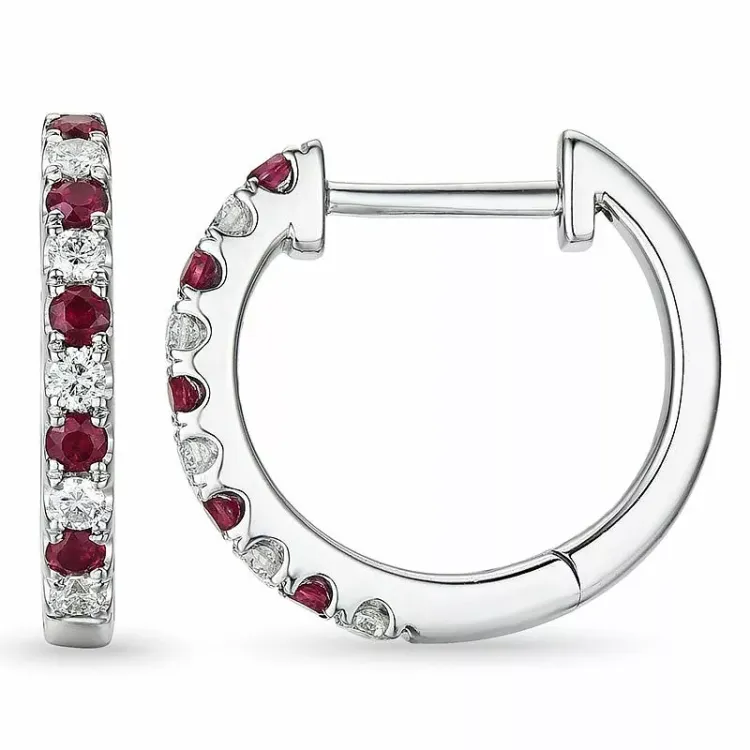 14 mm rubin creol i 14 karat hvitt gull med rubin og diamant