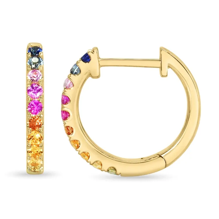 14 mm regnbuefarget safir creol i 14 karat gull med safir 
