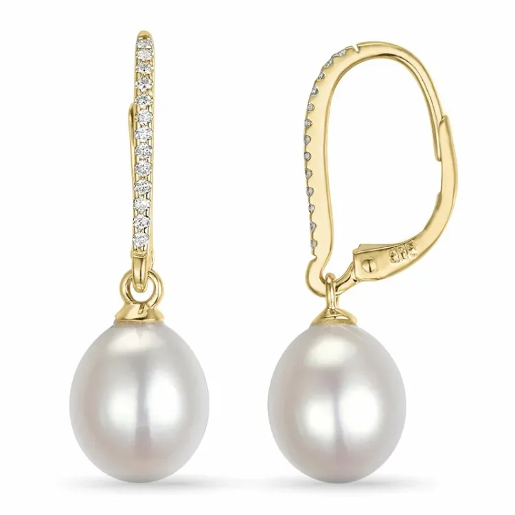 lange perle creol i 14 karat gull med diamant 