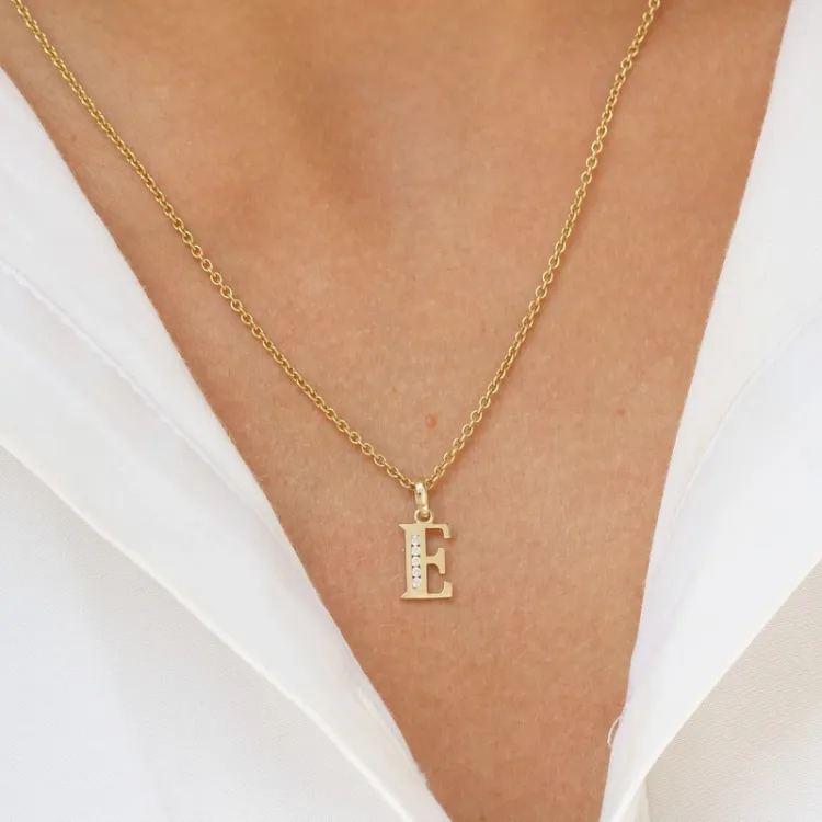 bokstav e zirkon anheng i 9 karat gull - My Letter