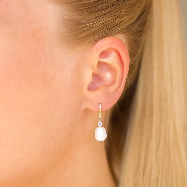 perle øredobber i 9 karat gull med zirkon - Gold Collection