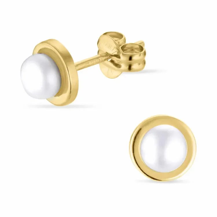 6 mm hvite perleøredobb i 9 karat gull med  - Gold Collection