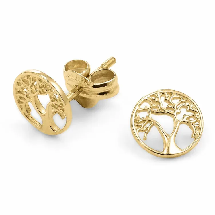 runde livets tre øredobber i 9 karat gull - Gold Collection