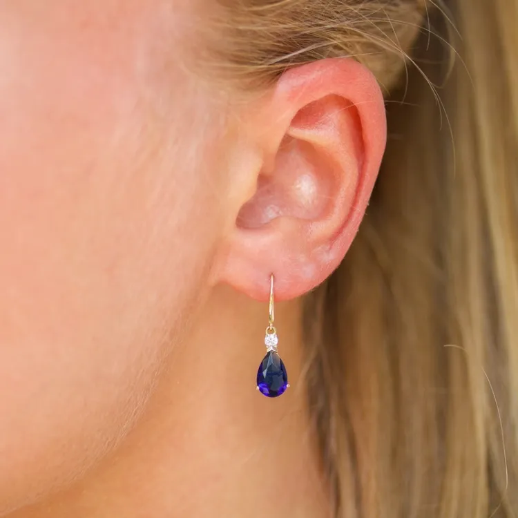 dråpe mørkeblå gulløredobb i 14 karat gull med syntetisk safir og zirkon - Gold Collection