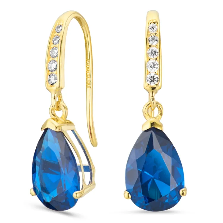 dråpeformede øredobber i 14 karat gull med syntetisk safir og zirkon - Gold Collection