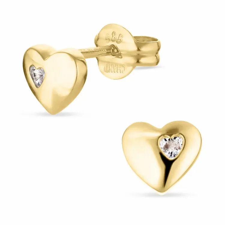 liten hjerte gulløredobb i 14 karat gull med zirkon - Gold Collection