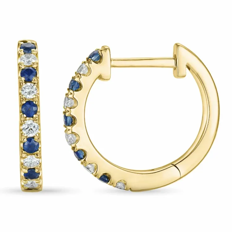 13 mm safir creol i 14 karat gull med diamant og safir