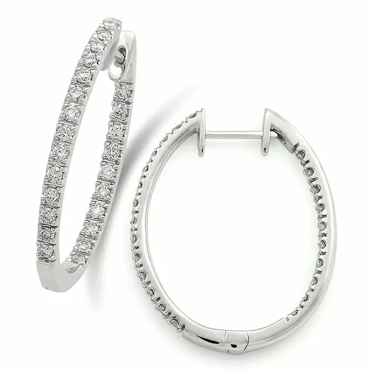 16 mm diamant creol i 14 karat hvitt gull med diamanter