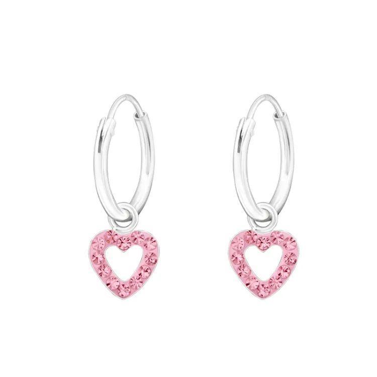 12 mm hjerte rosa krystall creol i sølv - Little Ones