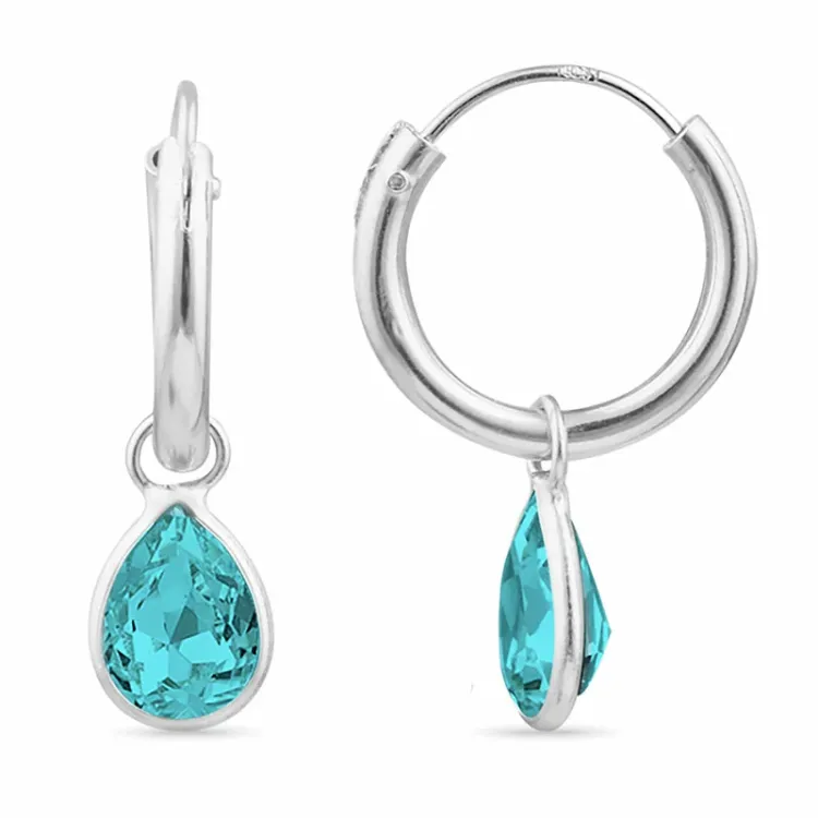 14 mm dråpe blå Glass creol i sølv