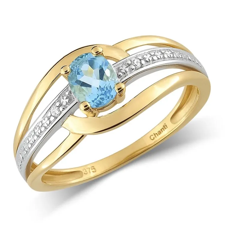 kolleksjonsprøve blå topas ring i 9 karat gull med rhodium