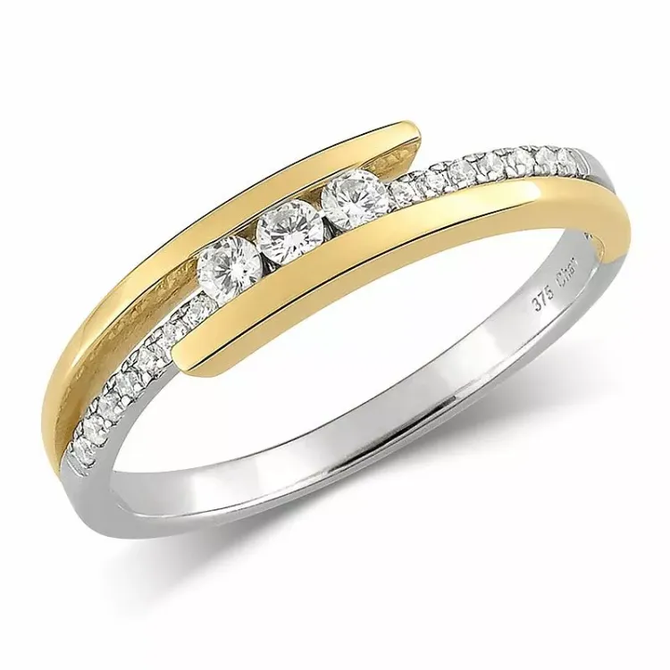 zirkon gullring i 9 karat gull med rhodium