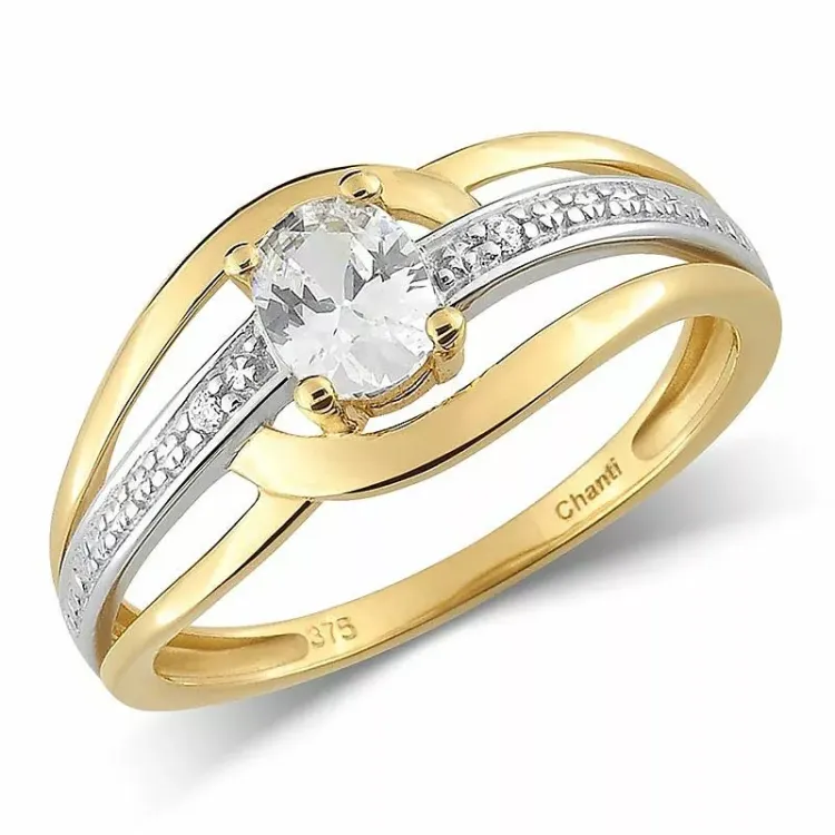 Bred hvit zirkon ring i 9 karat gull med rhodium