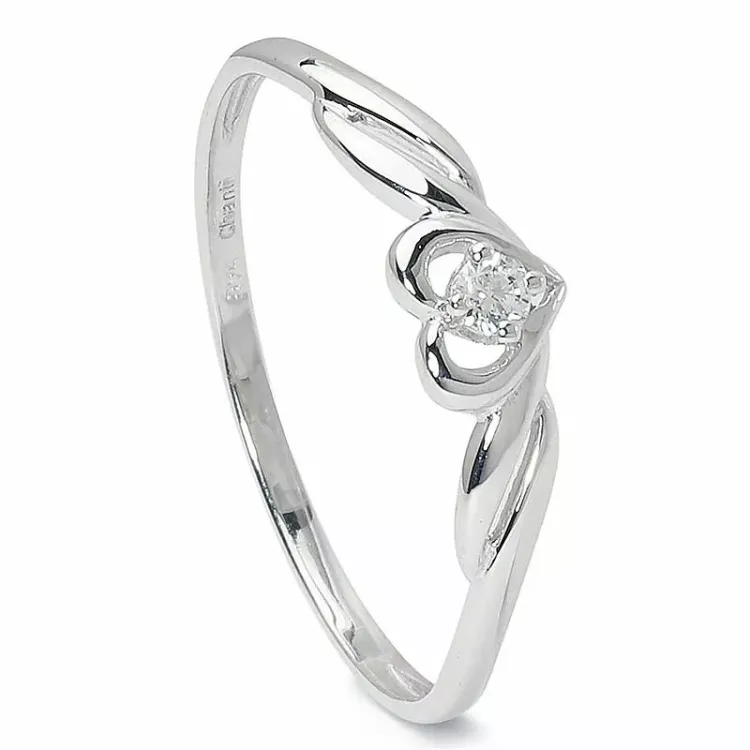 Smal hjerte zirkon ring i 9 karat hvitt gull