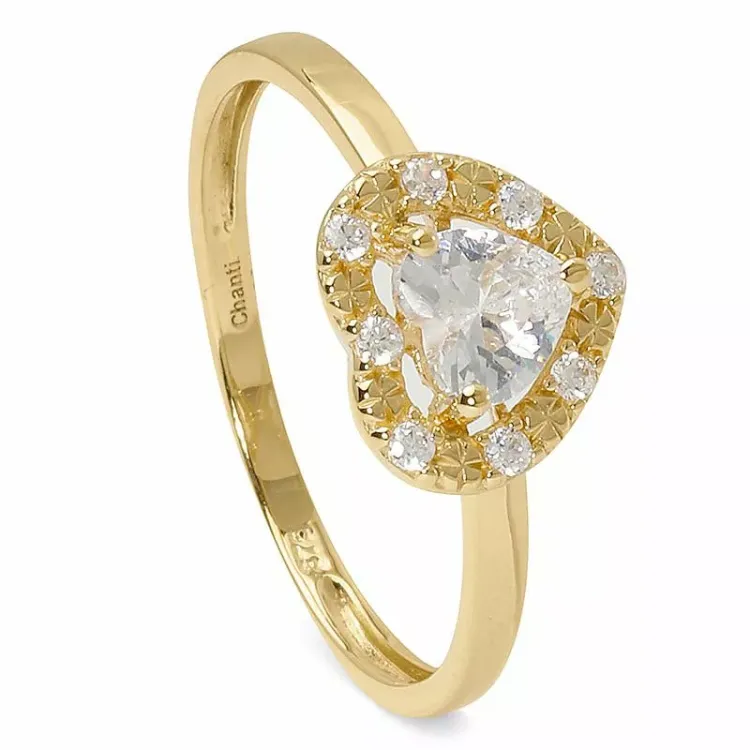 hjerte hvit zirkon ring i 9 karat gull