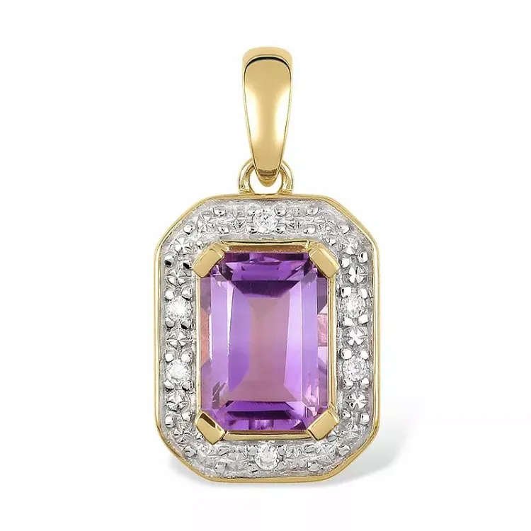 firkantet ametyst anheng i 9 karat gull med rhodium