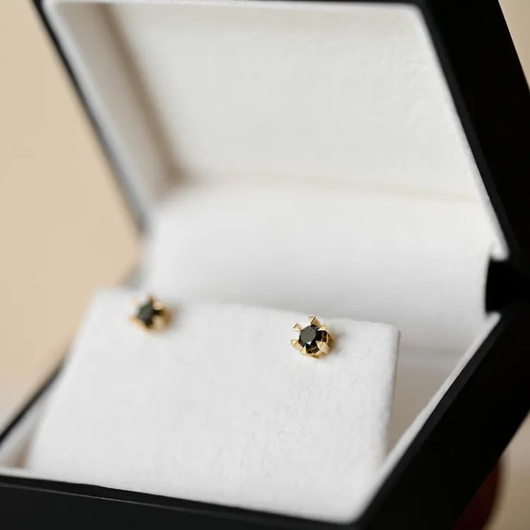 2 x 0,21 ct svart solitaireørepynt i 14 karat gull med svart diamant