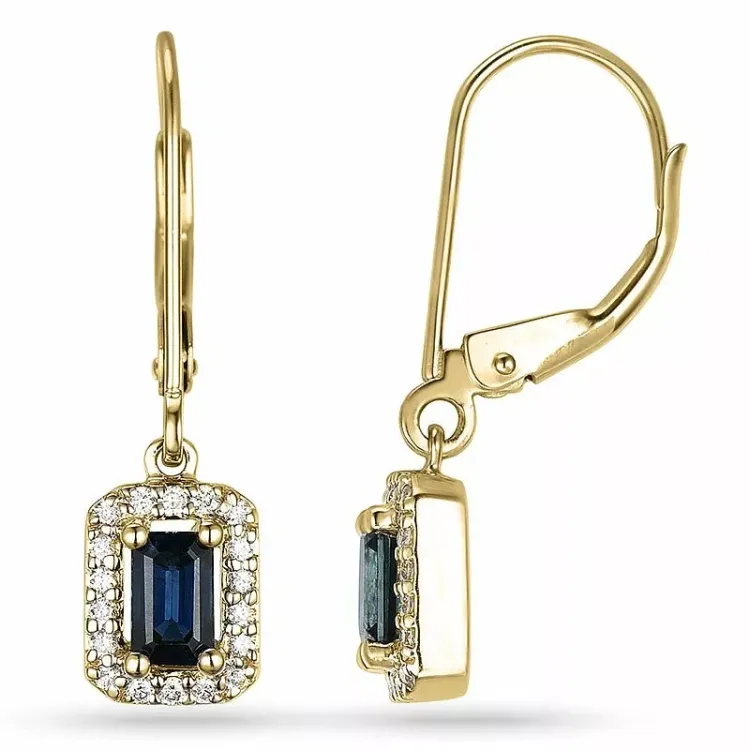 lange firkantet safir øredobber i 14 karat gull med diamant og safir