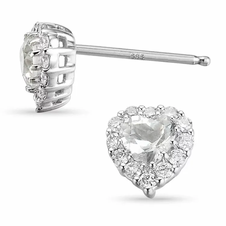 hjerte diamant ørestikker i 14 karat hvitt gull med diamant og kvarts