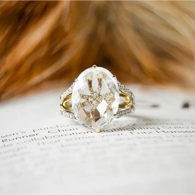 kvarts diamantring i 14 karat gull og hvitt gull 0,16 ct 6,00 ct