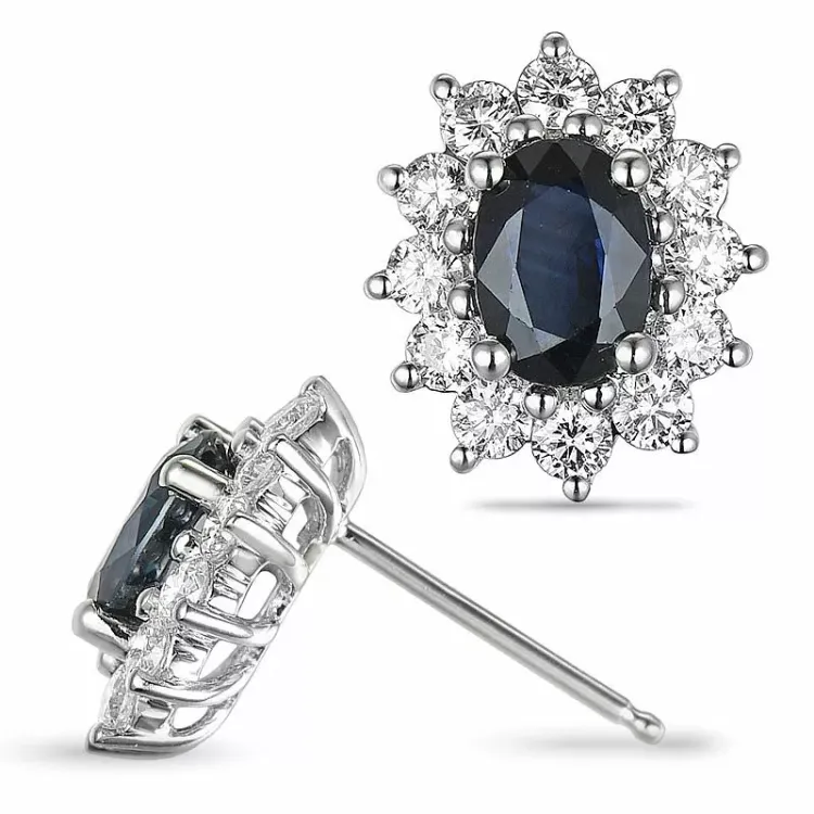 diamant rosettørepynt i 14 karat hvitt gull med diamant og safir