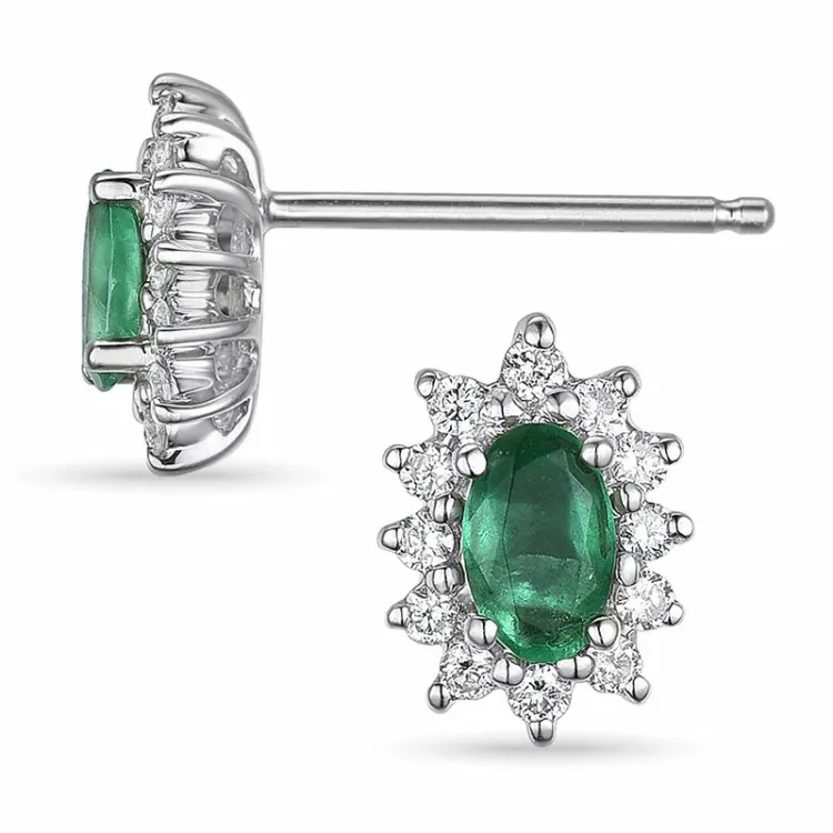 rosett smaragd øredobber i 14 karat hvitt gull med diamant og smaragd 
