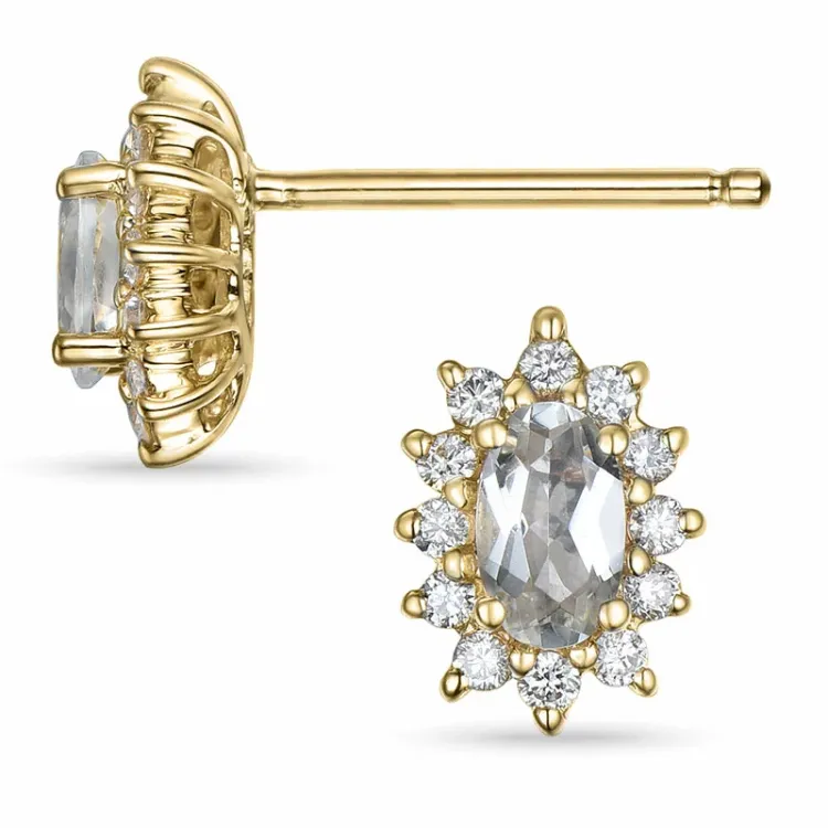 hvite kvarts rosettørepynt i 14 karat gull med diamant og kvarts