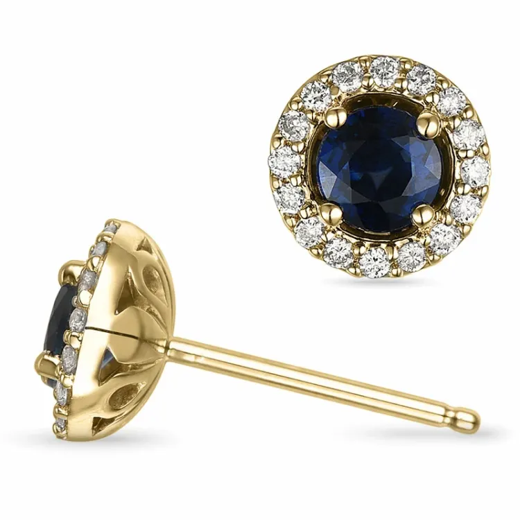 runde safir ørestikker i 14 karat gull med diamant og safir