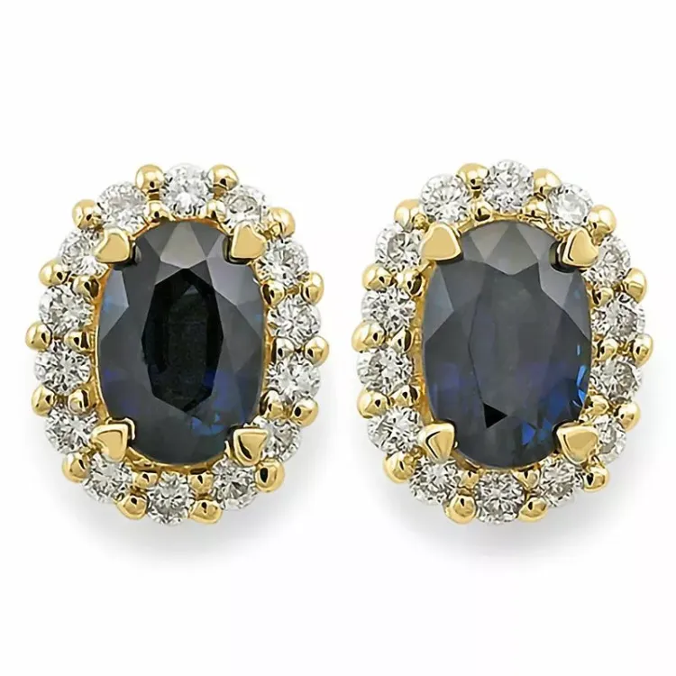 safir ørestikker i 14 karat gull med diamant og safir