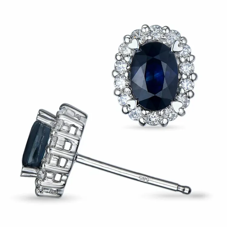 ovale safir ørestikker i 14 karat hvitt gull med diamant og safir