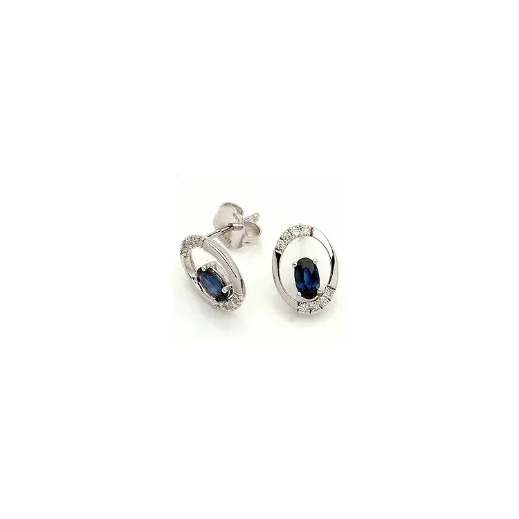 ovale safir ørestikker i 14 karat hvitt gull med diamant og safir