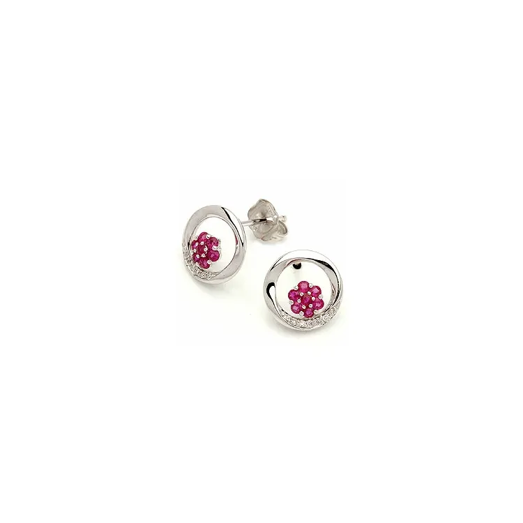 runde blomst rubin ørestikker i 14 karat hvitt gull med diamant og rubin 