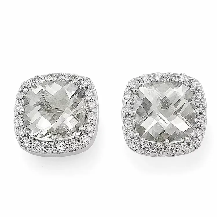 firkantet diamant ørestikker i 14 karat hvitt gull med diamant og kvarts