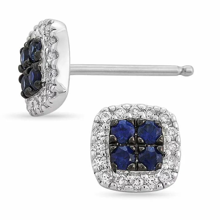 firkantet safir ørestikker i 14 karat hvitt gull med diamant og safir 